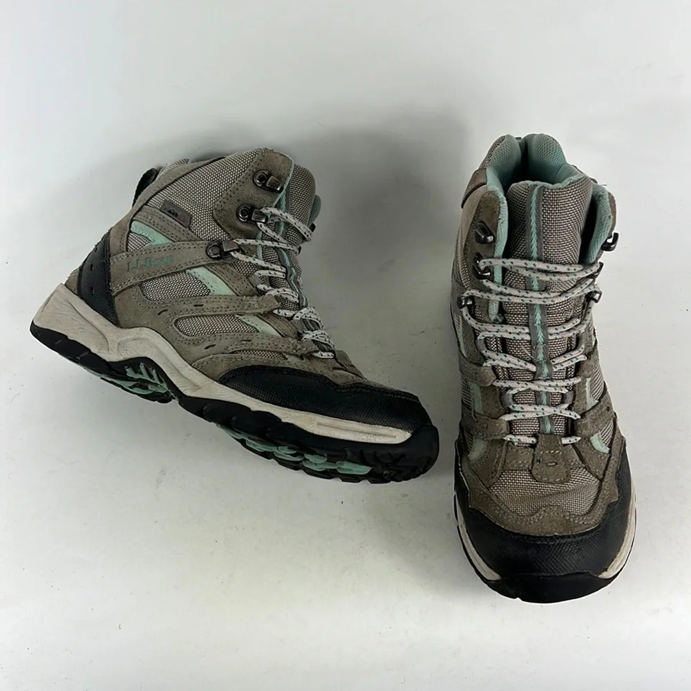 Llbean tan blue waterproof high top hiking shoes boots us women’s size 9 wide